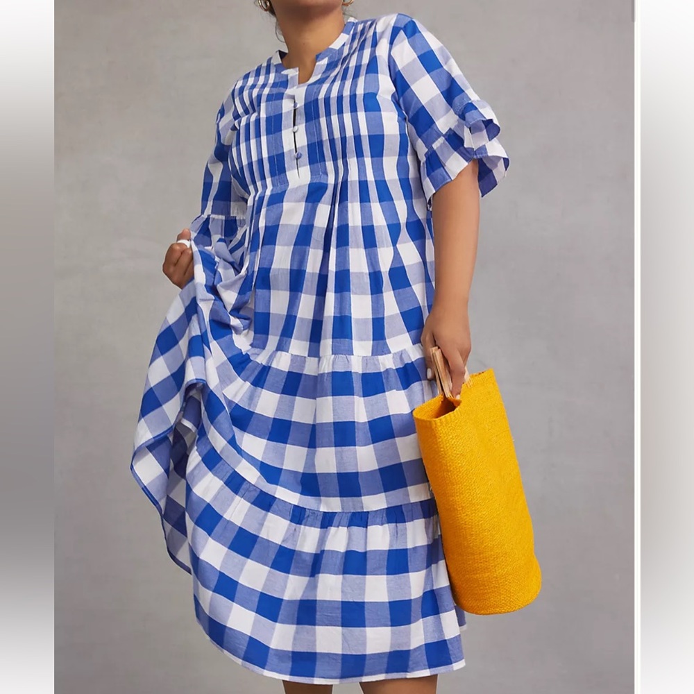 NWT Anthropologie WHIT TWO Gingham Tiered Midi Dress